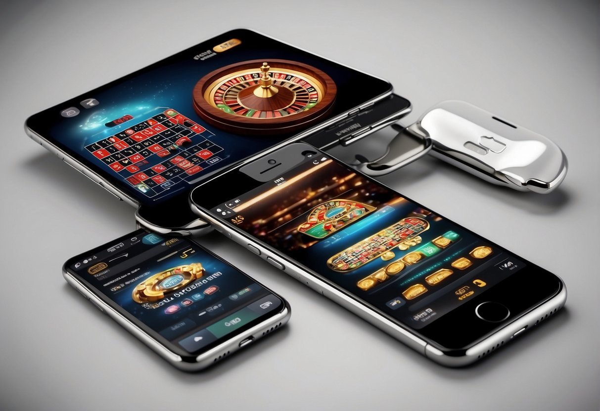 Brightly lit mobile casino apps on various smartphones, with vibrant graphics and spinning reels, surrounded by excited users