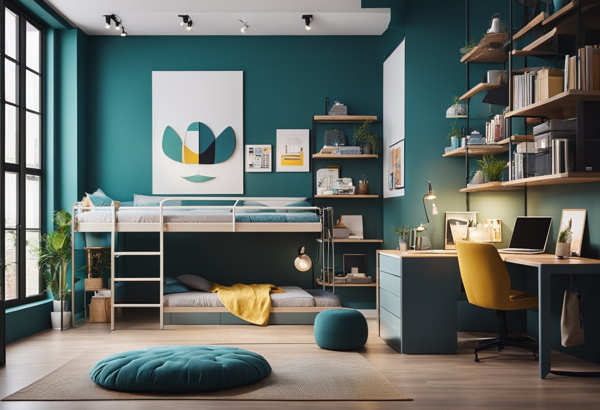 A modern teenage bedroom with a loft bed, sleek desk, cozy reading nook, and vibrant wall art