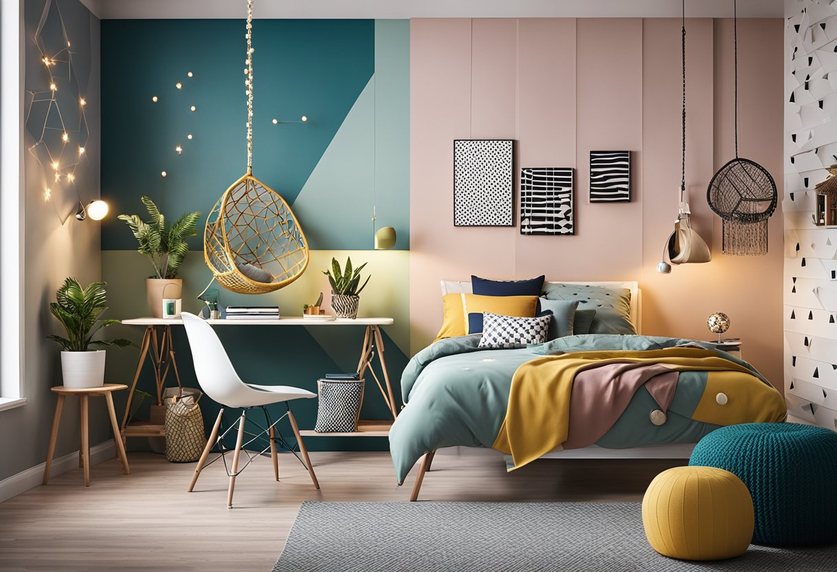 A modern teen bedroom with vibrant colors, geometric patterns, and sleek furniture. A hanging chair, string lights, and wall art add trendy touches