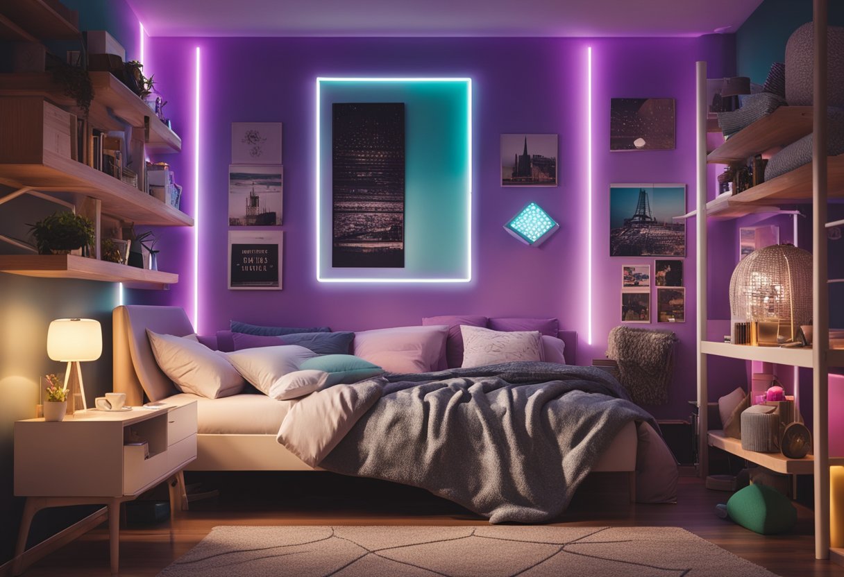 A modern teenage bedroom with vibrant colors, sleek furniture, and personalized decor, such as posters, string lights, and a cozy reading nook
