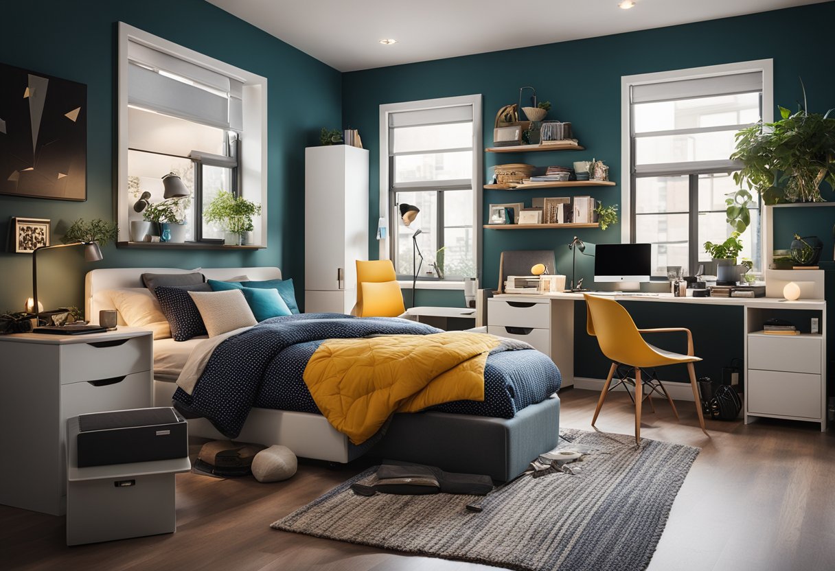 A modern teenage bedroom with sleek furniture, vibrant colors, and tech gadgets scattered around. A cozy bed with trendy bedding and a stylish desk with a laptop and art supplies