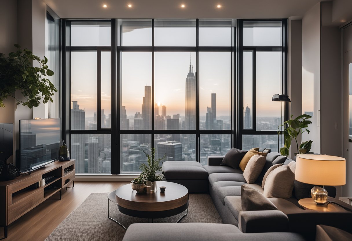 A cozy one-bedroom condo with modern furniture, large windows, and a balcony overlooking a city skyline