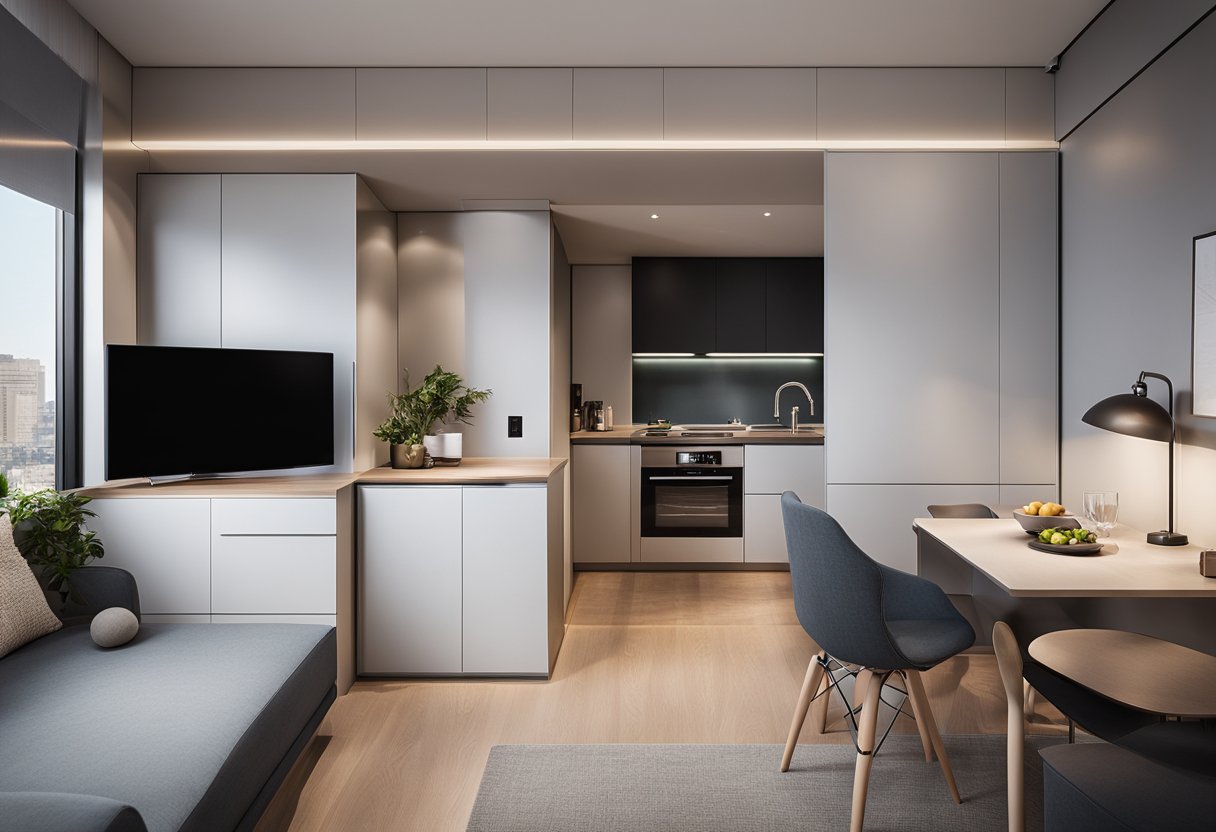 A cozy one-bedroom condo with multifunctional furniture, a wall-mounted desk, and a fold-down bed to maximize space. A small dining area and a sleek kitchenette complete the modern design