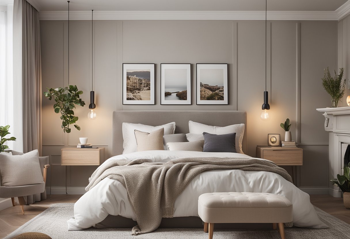 The bedroom features a cozy reading nook with a plush armchair, a stylish gallery wall adorned with personal photographs, and a soft, neutral color palette with pops of vibrant accent colors