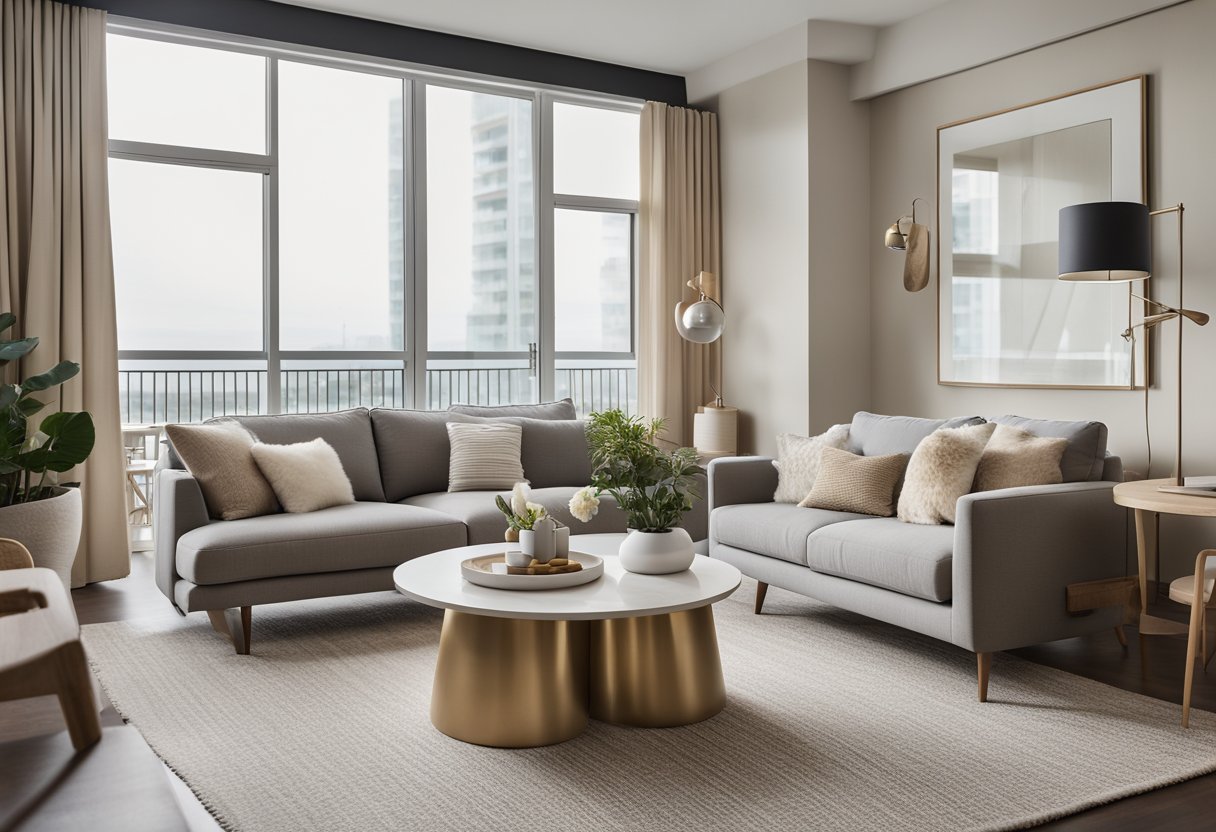 A cozy one-bedroom condo with modern furnishings and a neutral color palette. The open layout includes a kitchen, living area, and dining space. Large windows let in natural light, and a small balcony provides outdoor relaxation