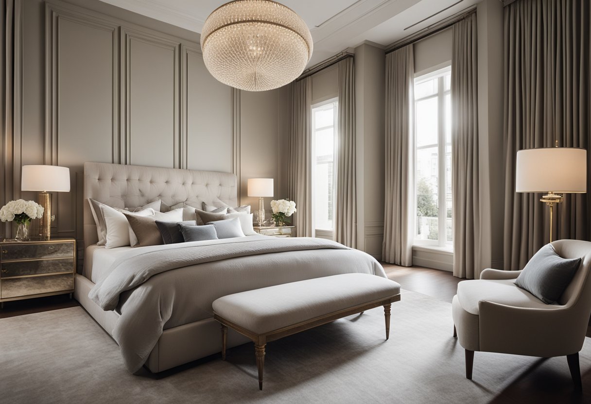 A spacious bedroom with a grand, tufted headboard, neutral color palette, and luxurious, oversized bedding. Large windows let in natural light, and a cozy seating area completes the elegant, sophisticated space