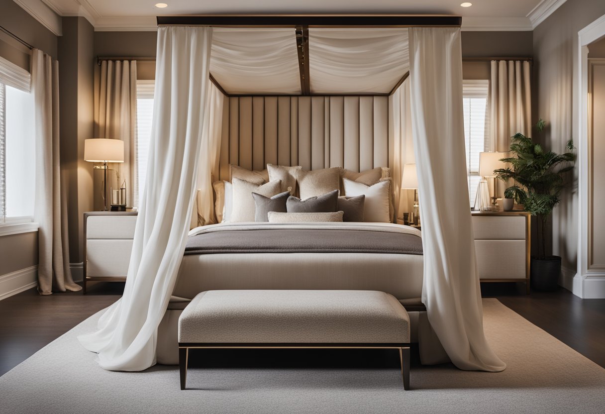 A luxurious bedroom with a grand canopy bed, plush bedding, and elegant furniture. Soft, warm lighting creates a cozy atmosphere. Rich, neutral tones and textured fabrics add depth and sophistication to the space