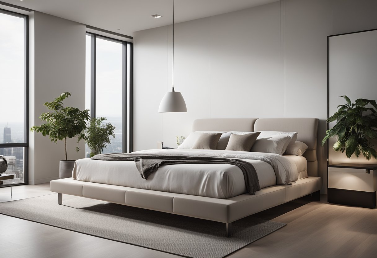 A platform bed with minimalist design, surrounded by sleek, modern furniture and soft, neutral tones. Large windows let in natural light, creating a serene and inviting atmosphere
