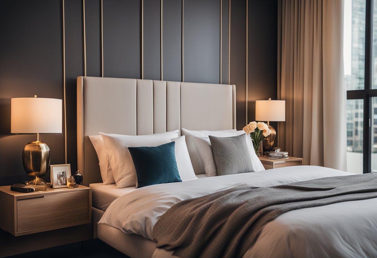 A cozy bedroom with elegant furniture, soft lighting, and plush bedding. A stack of design magazines sits on a side table