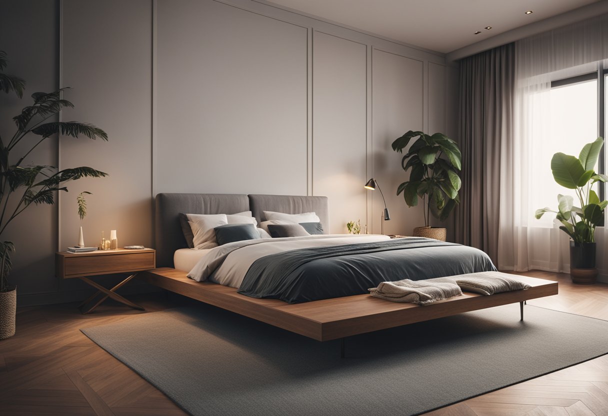 A cozy platform bed sits in the center of a spacious bedroom, surrounded by soft, ambient lighting and minimalist decor