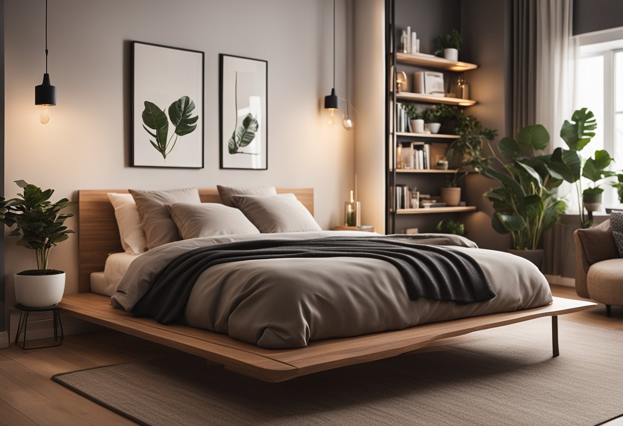 A cozy bedroom with a platform bed, minimalist decor, and warm lighting. A bookshelf and potted plants add a touch of hominess