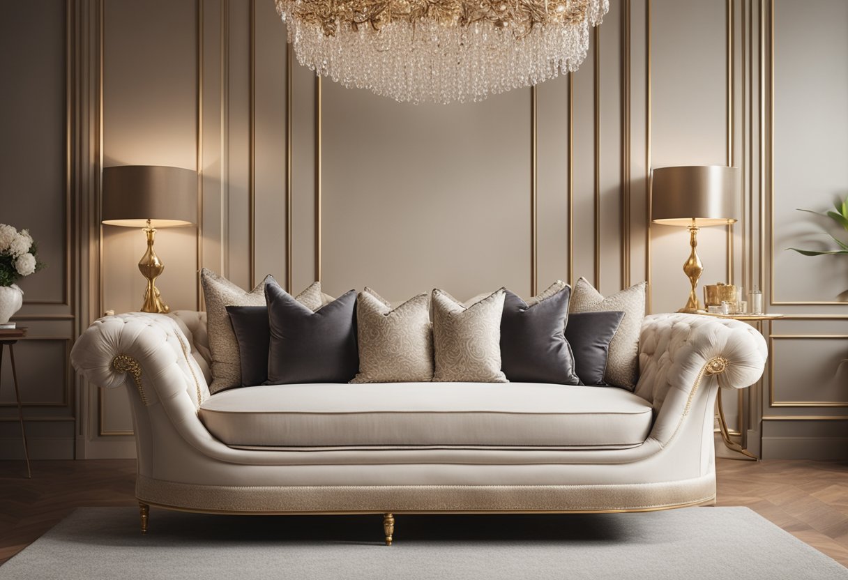 A luxurious settee sits elegantly in a bedroom, adorned with plush cushions and elegant upholstery, creating a sense of opulence and comfort