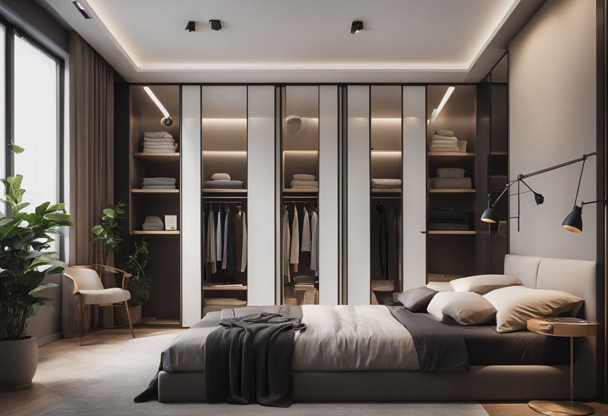 A simple bedroom with a sleek wardrobe and minimal decor