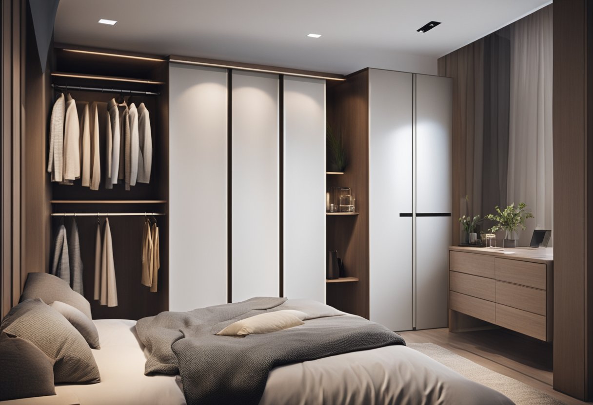 A simple bedroom with a built-in wardrobe, maximizing space