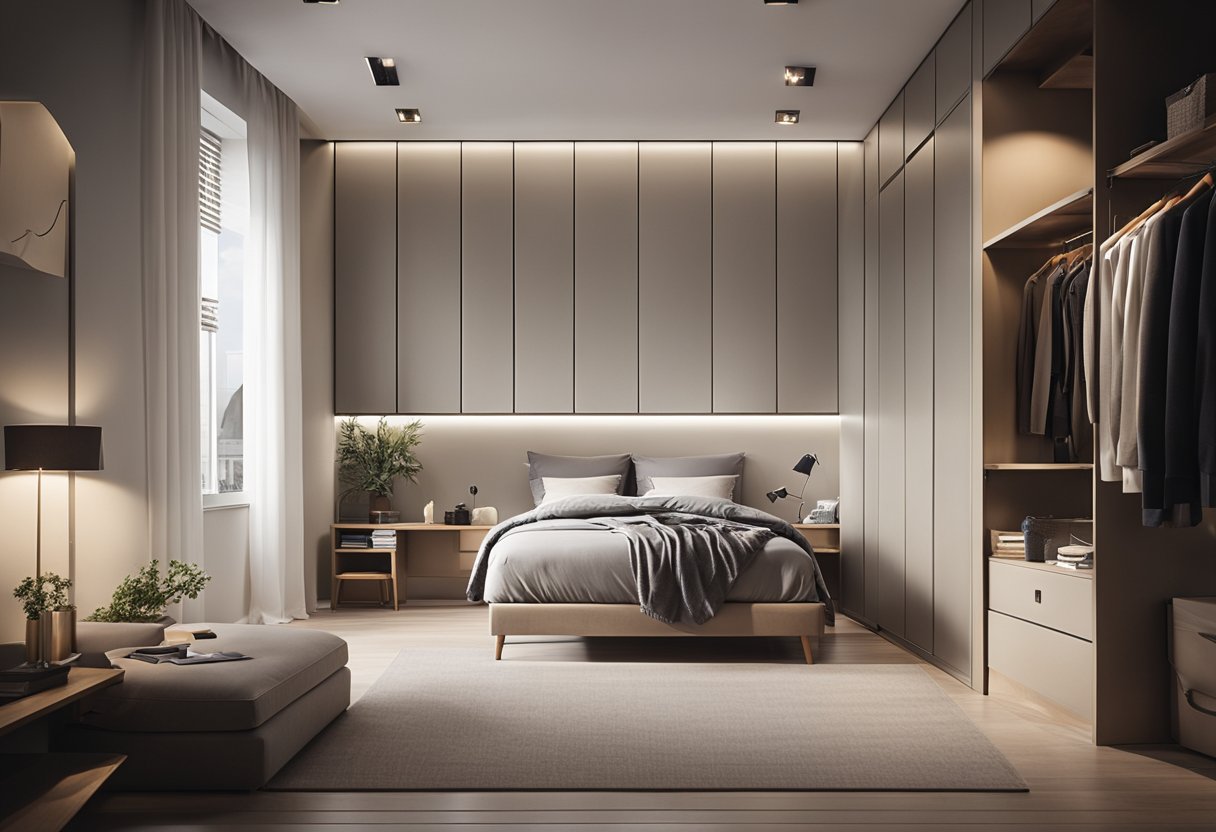 A simple bedroom with a sleek wardrobe, minimal furniture, and soft lighting