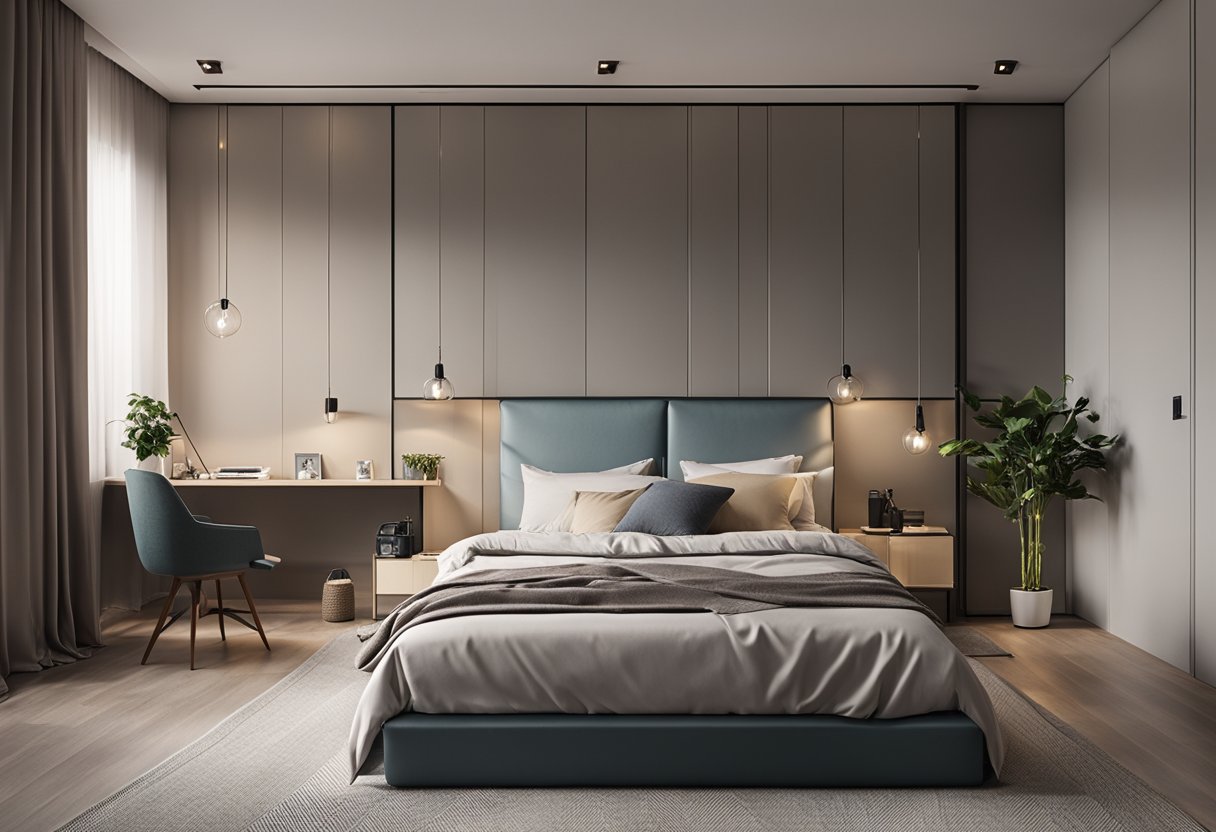 A cozy bedroom with a simple design. A wardrobe stands against the wall, with a bed and nightstand nearby