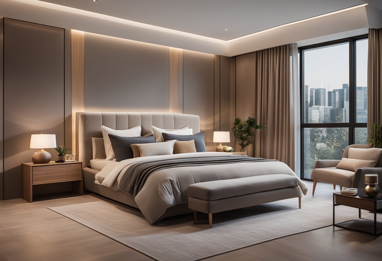 A cozy master bedroom with a neutral color palette, a large comfortable bed with soft bedding, minimalistic furniture, and warm lighting