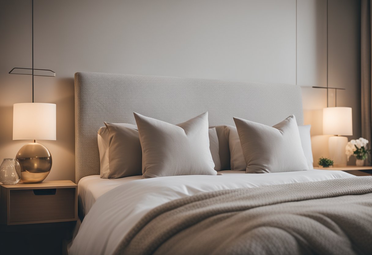 A cozy, minimalistic master bedroom with a neutral color palette, a plush bed with crisp white linens, a sleek nightstand, and soft lighting