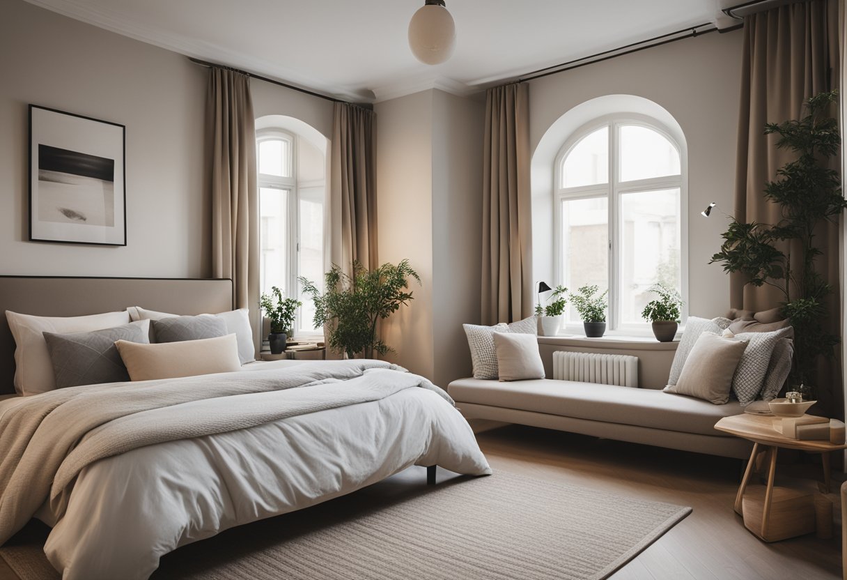 A cozy, minimalistic master bedroom with neutral colors, a comfortable bed, and a small reading nook by the window