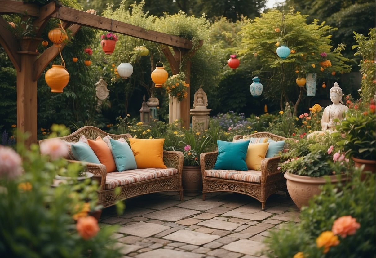 A lush garden with various decorative elements: colorful flower pots, whimsical statues, hanging lanterns, and a cozy seating area