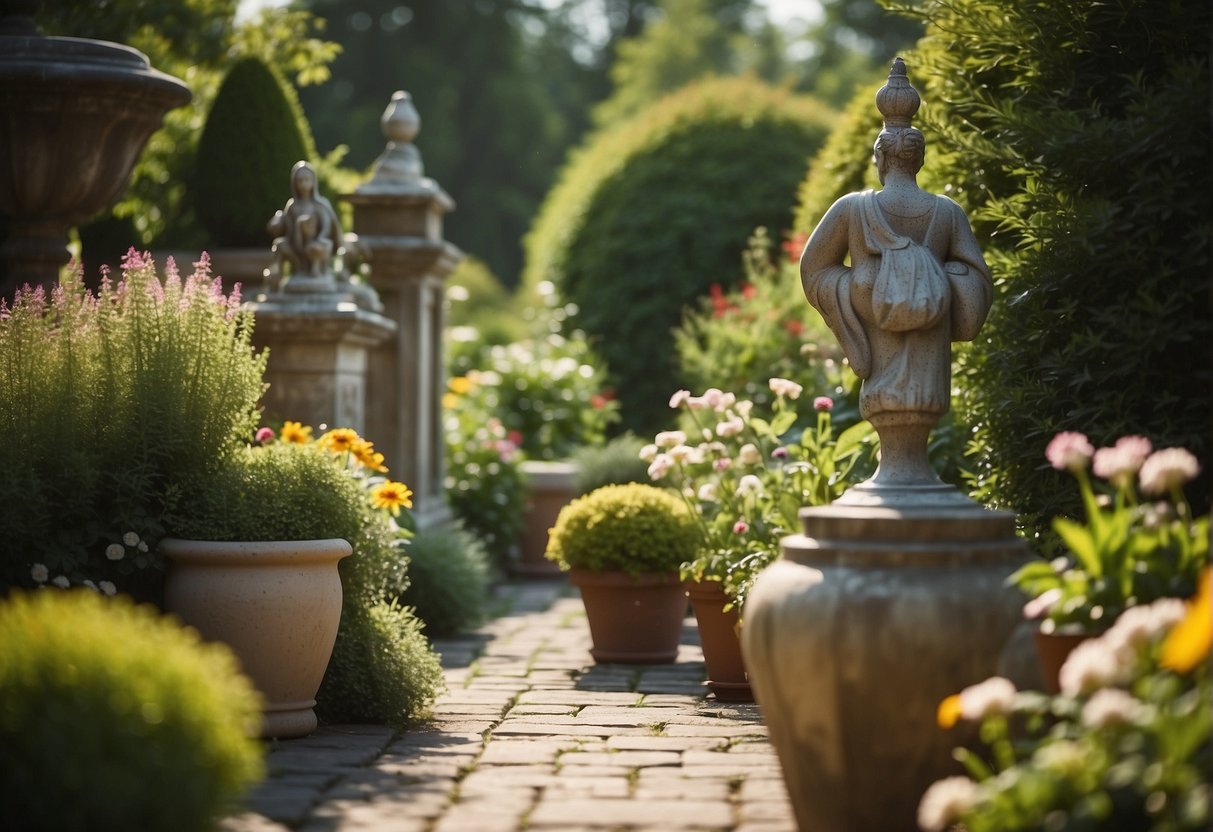 A sunny garden with a variety of plants and decorative elements like statues, bird baths, and wind chimes. A mix of flowers, shrubs, and trees create a lush and inviting atmosphere