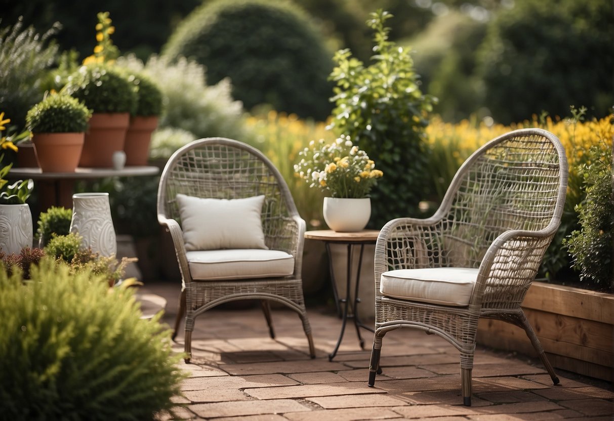 A variety of garden furniture and decor items are displayed in a spacious outdoor setting, including chairs, tables, planters, and decorative accessories
