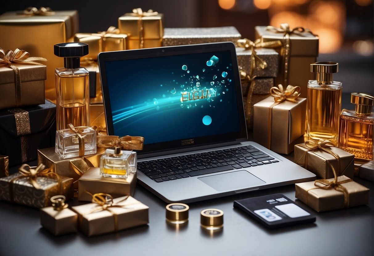 A laptop with a variety of perfume bottles displayed on the screen, surrounded by gift boxes and a credit card