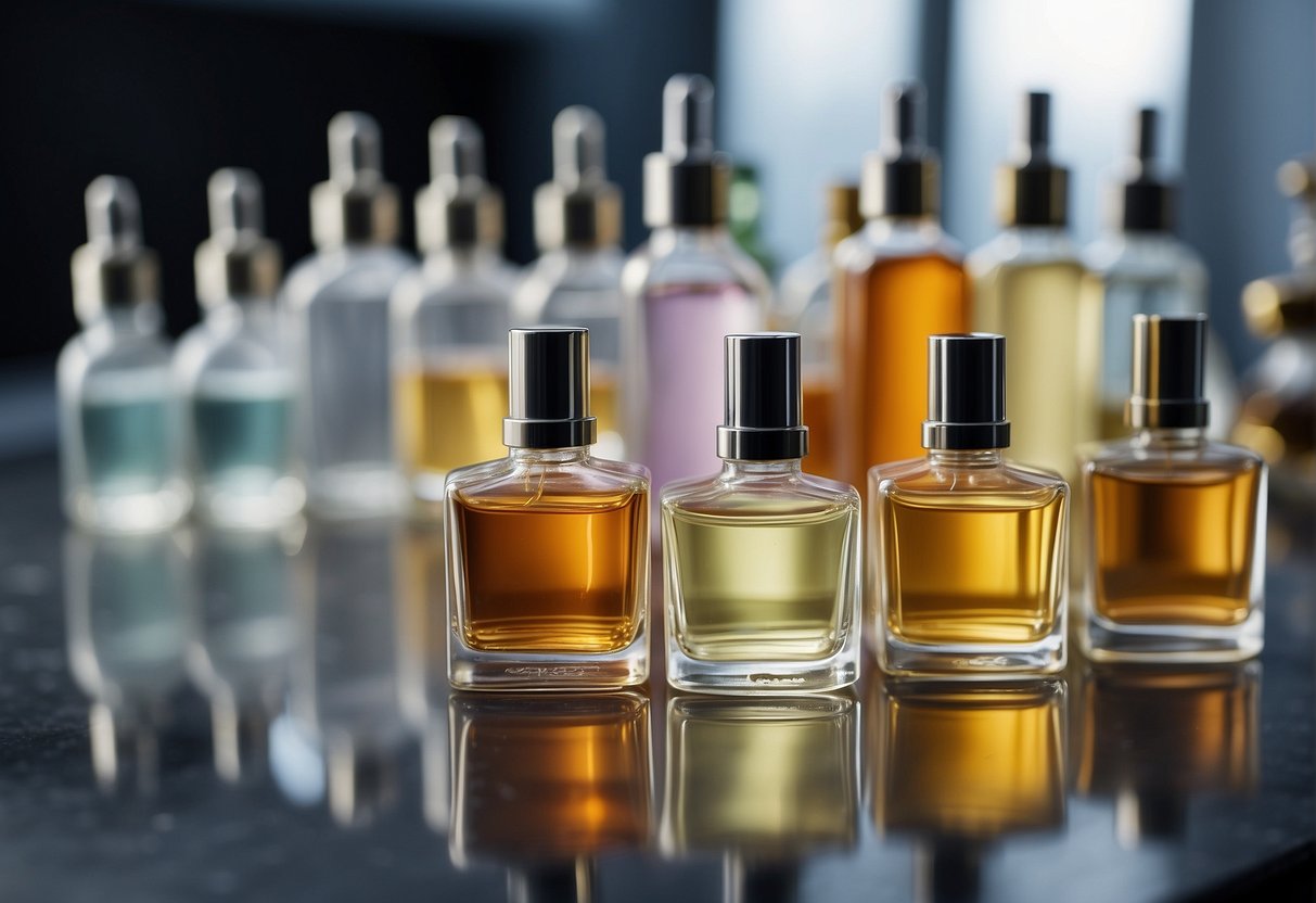 A variety of fragrance bottles lined up on a laboratory table, with different ingredients and compositions being tested for their impact on skin