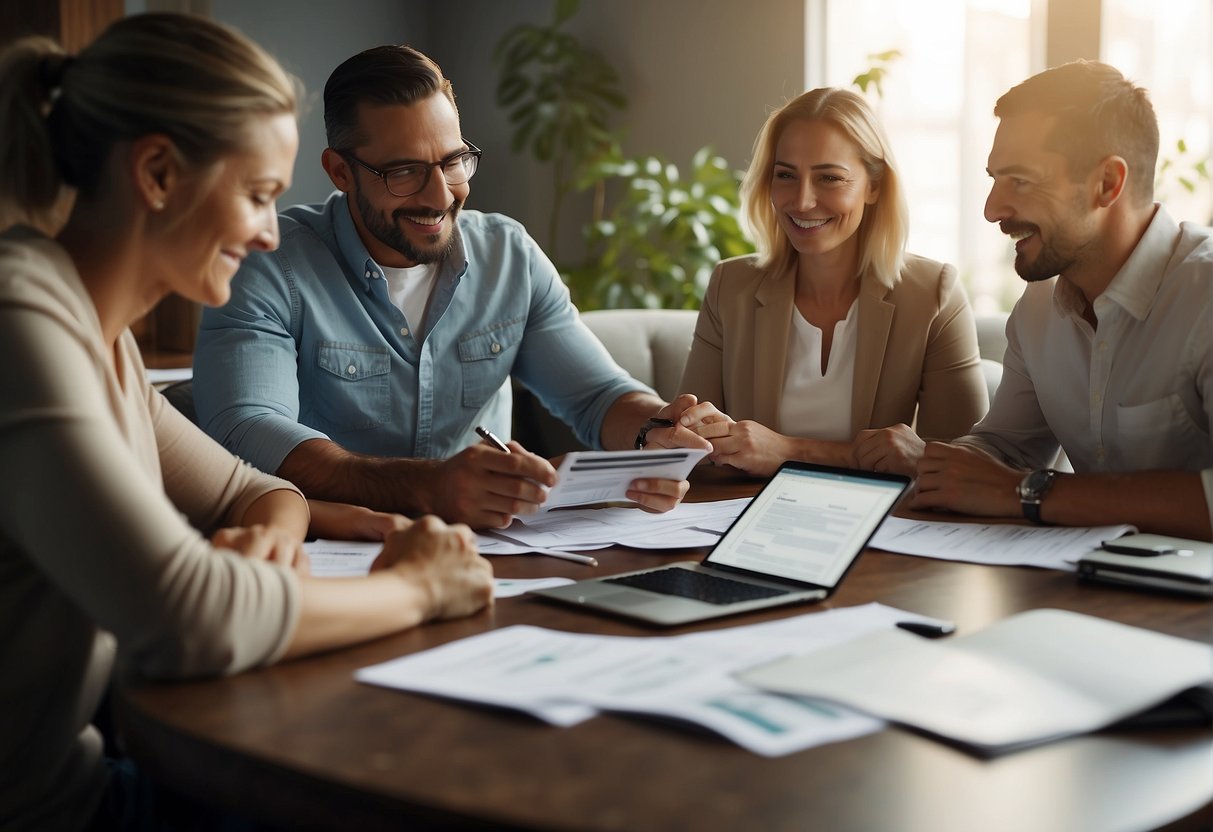 A family sits around a table, discussing home loan options. A stack of paperwork and a laptop are on the table, while a mortgage broker explains the process