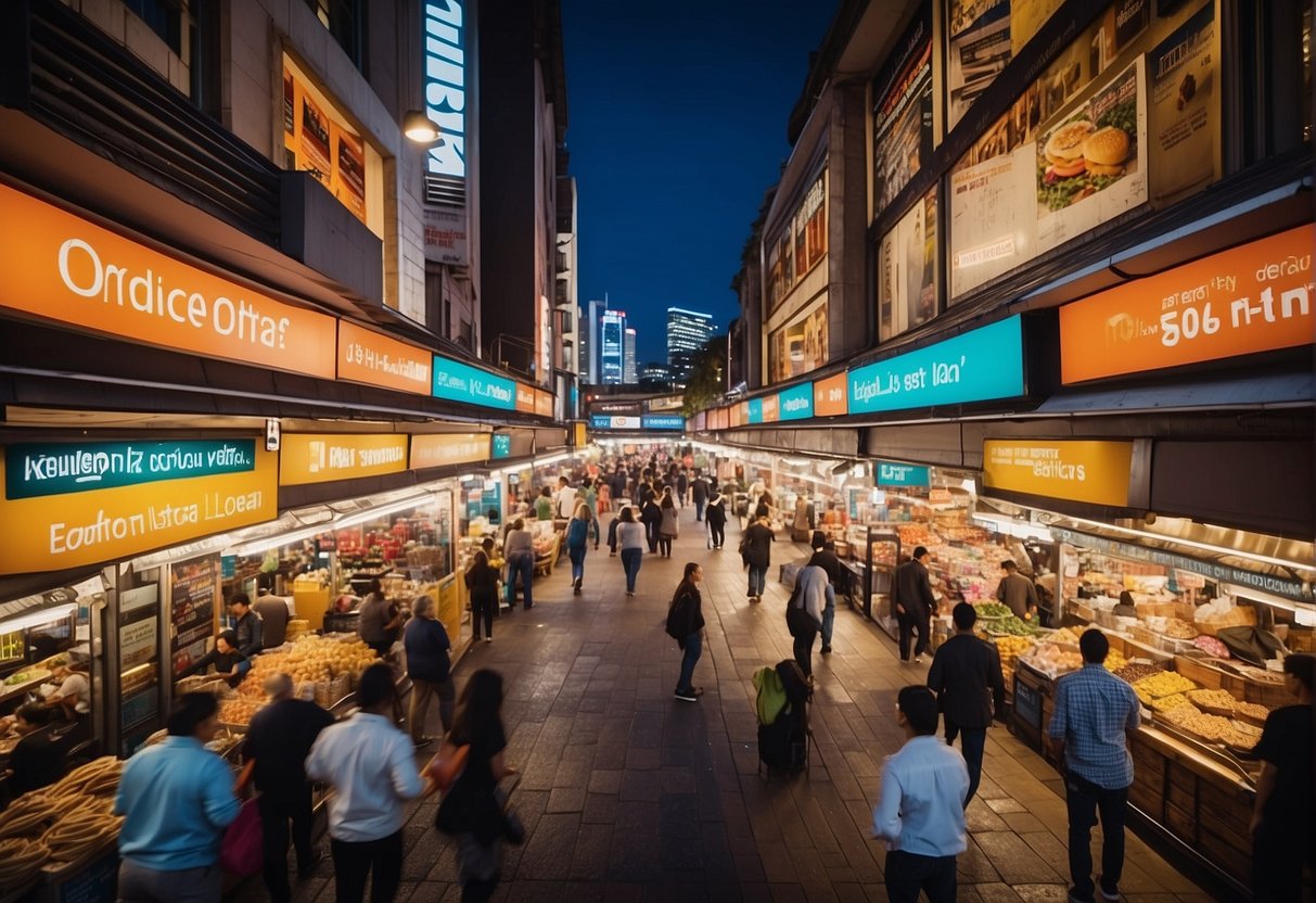 A bustling market with vibrant signage and busy customers, representing the diverse home loan options available in Australia