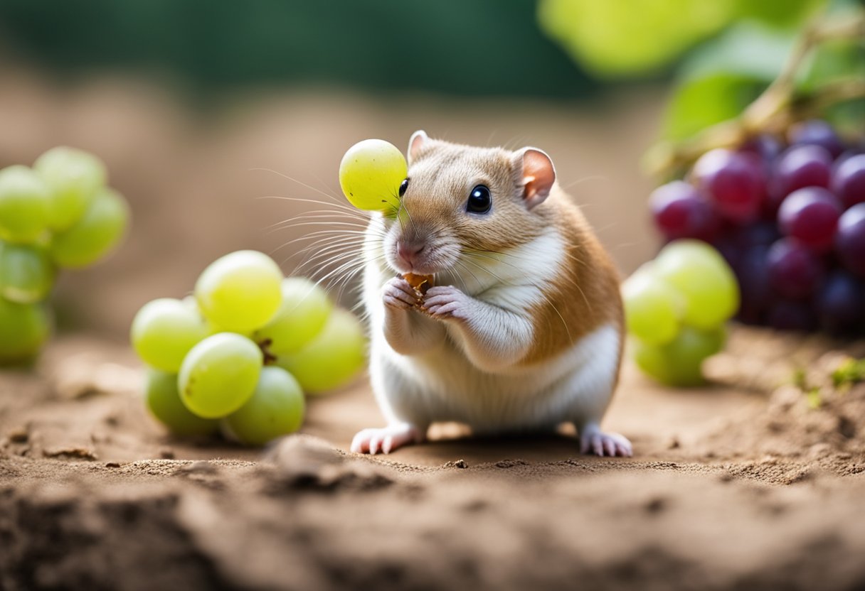 A gerbil eagerly nibbles on a juicy grape, its tiny paws clutching the fruit as it enjoys the sweet snack