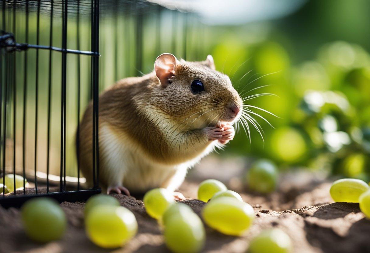 A gerbil munches on a small bunch of grapes, sitting in its cage with bedding and a water bottle nearby
