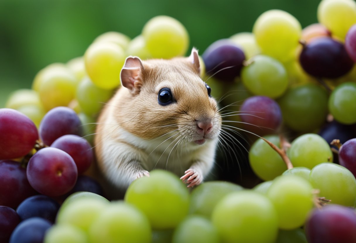A gerbil nibbles on a bunch of grapes, its small paws holding onto the fruit as it munches away