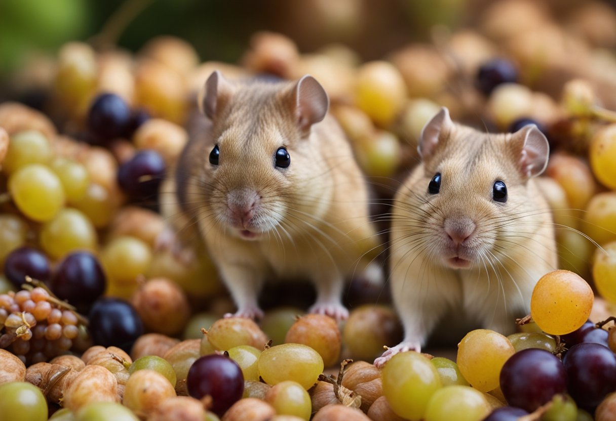 A group of gerbils surrounded by a few scattered grapes, with some of them nibbling on the fruit while others curiously sniff at it