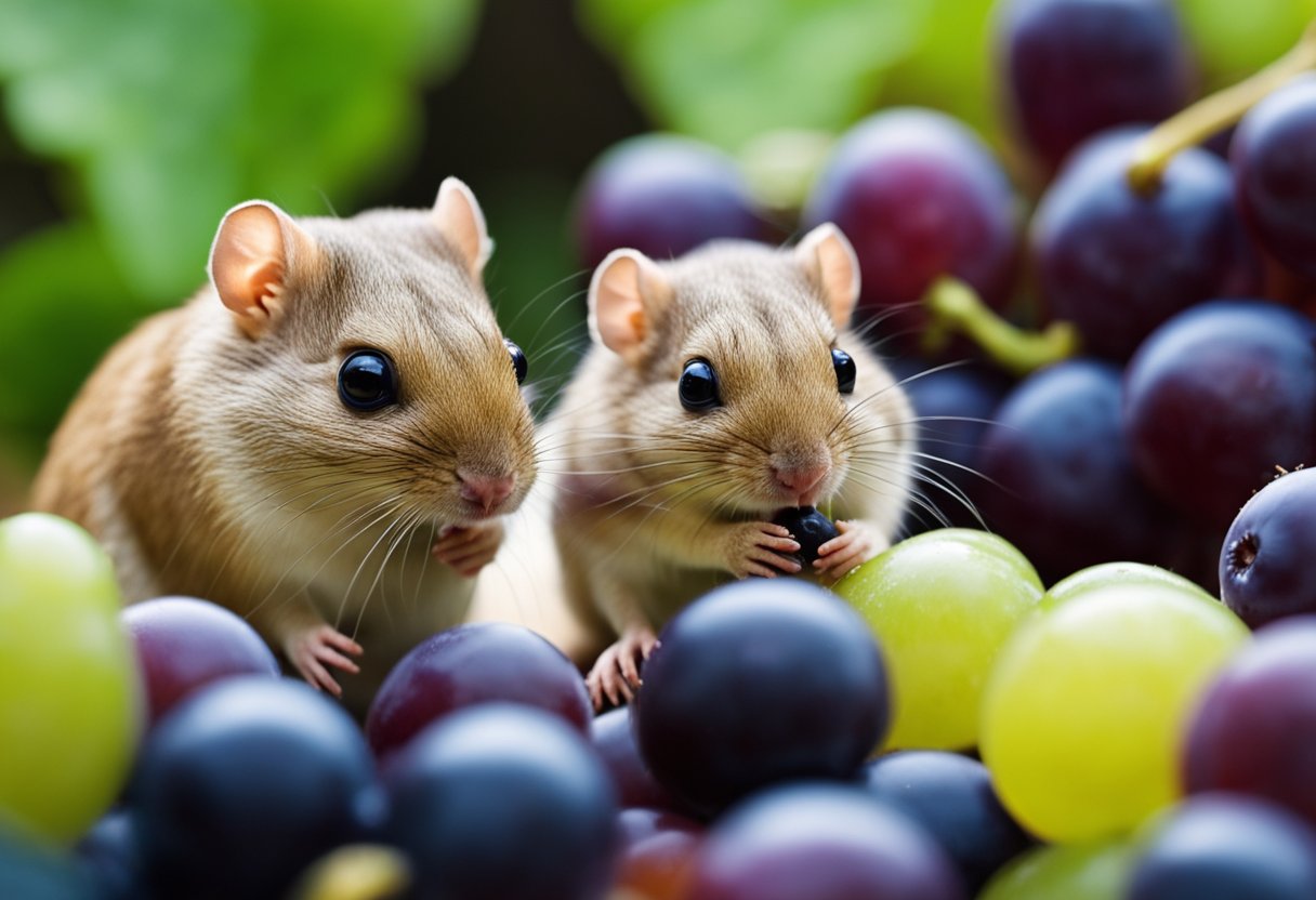 A gerbil nibbles on a juicy grape, its small paws delicately holding the fruit as it takes a bite