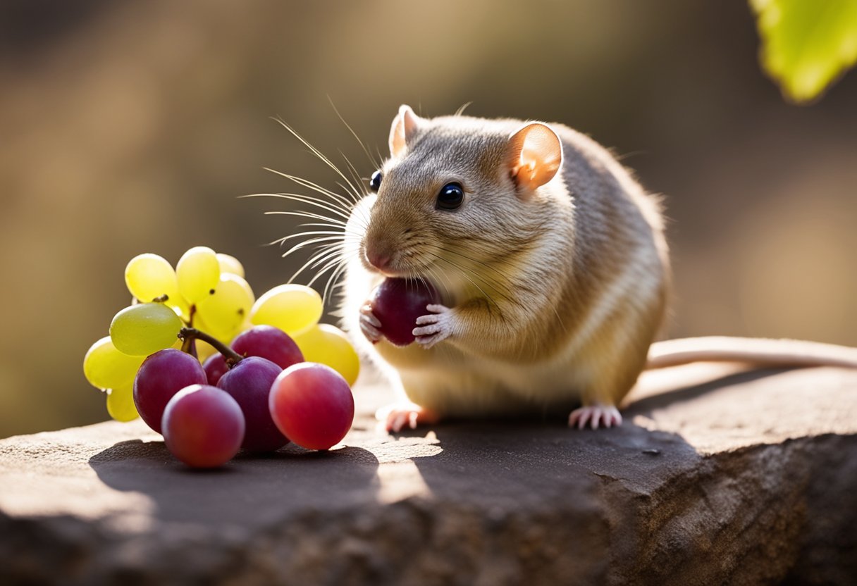 A gerbil eagerly munches on a juicy grape, its small paws holding the fruit as it nibbles away