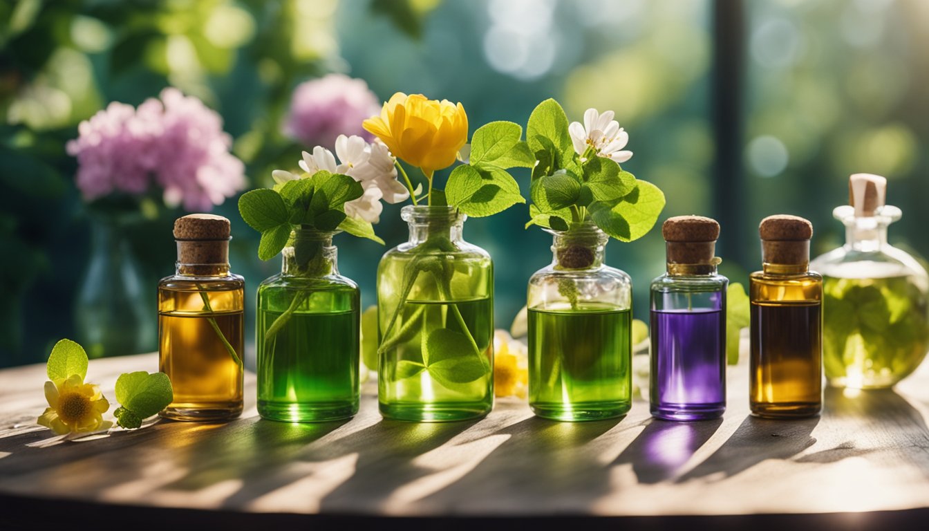 A table with 7 bottles of fragrances, surrounded by blooming Irish spring flowers and greenery. Sunlight filters through the leaves, casting a warm glow on the scene