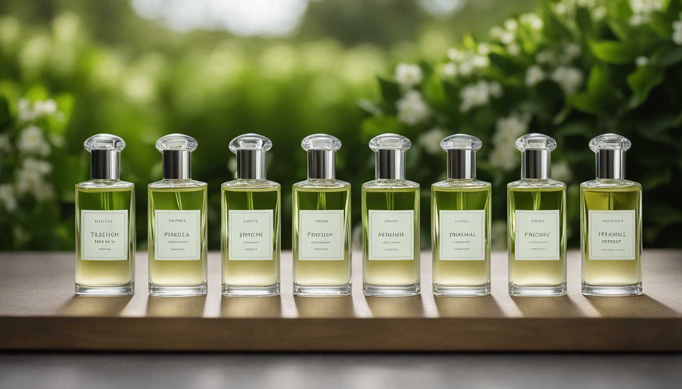 A table with 7 bottles of perfume, each labeled with the name of a transitional fragrance for Irish spring. The bottles are arranged in a neat row, with a backdrop of greenery to evoke the Irish landscape