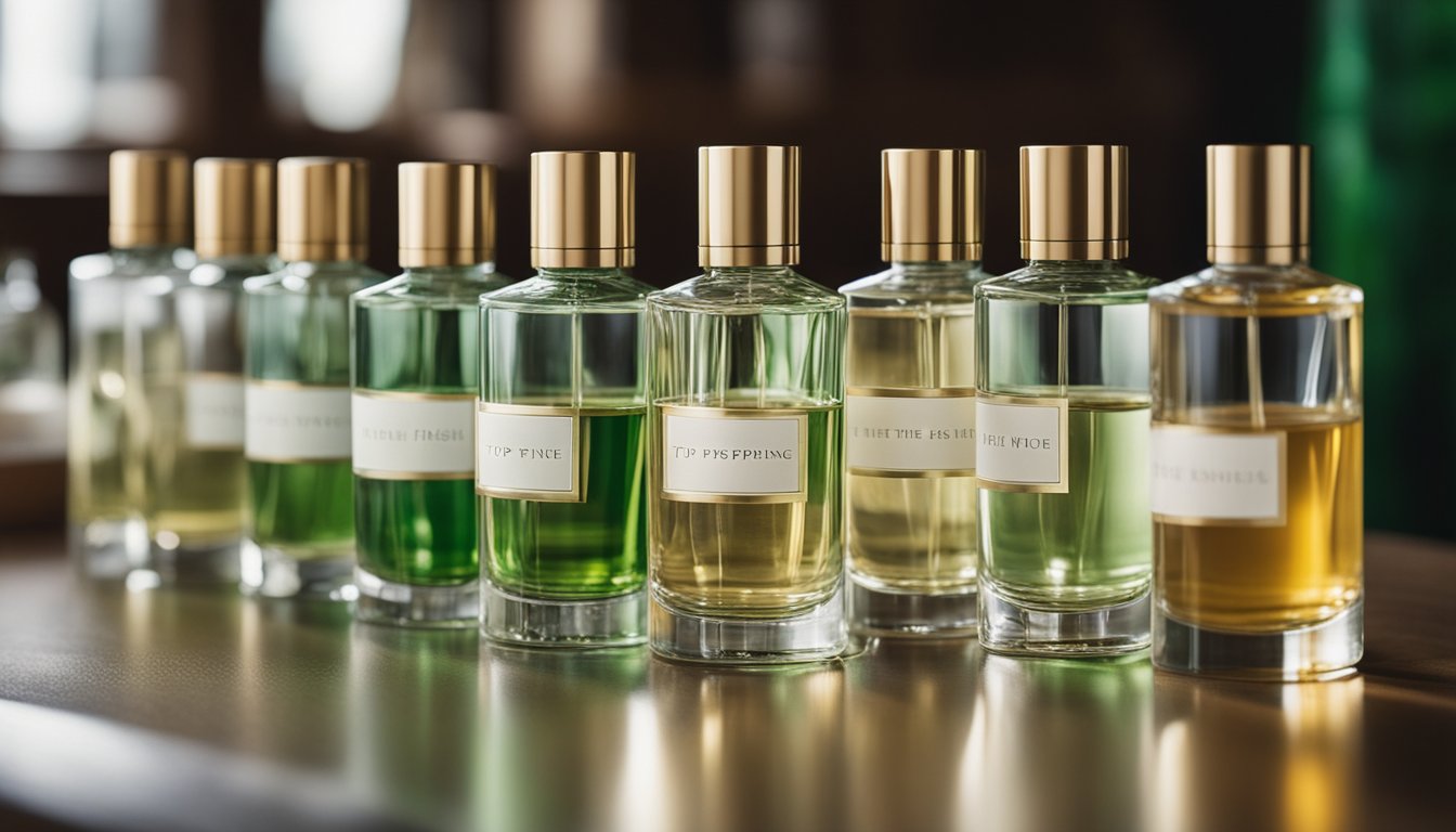 A table with 7 bottles of fragrances, each labeled "Top Notes for the Irish Spring." The bottles are arranged in a line, with a clean and fresh aesthetic