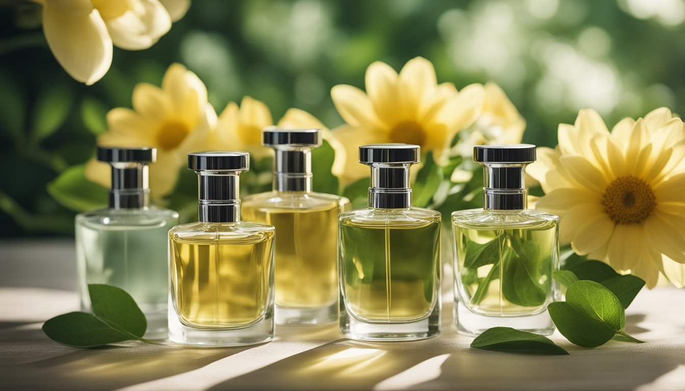A table with 7 bottles of perfume, surrounded by blooming flowers and fresh greenery, under a soft, diffused sunlight