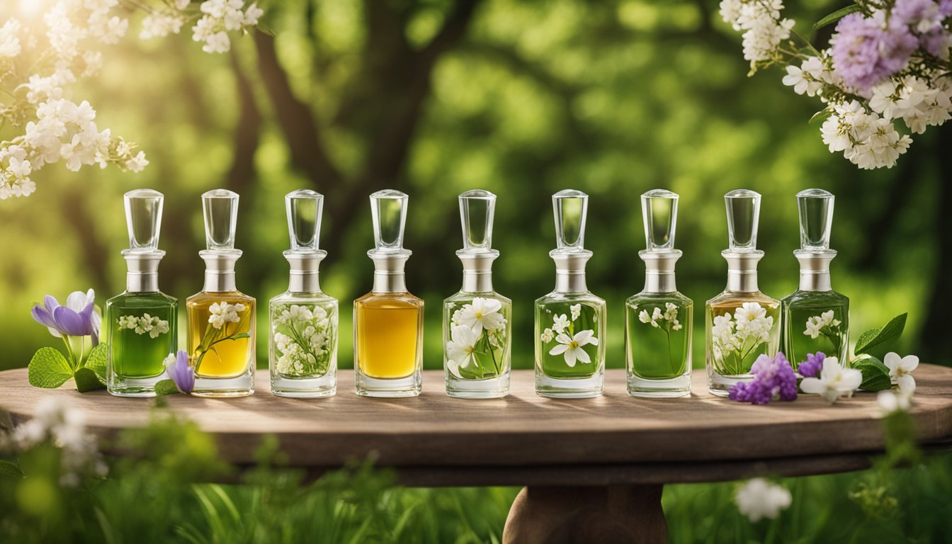 A table with 7 bottles of fragrances set against a backdrop of Irish spring scenery, with blooming flowers and fresh greenery
