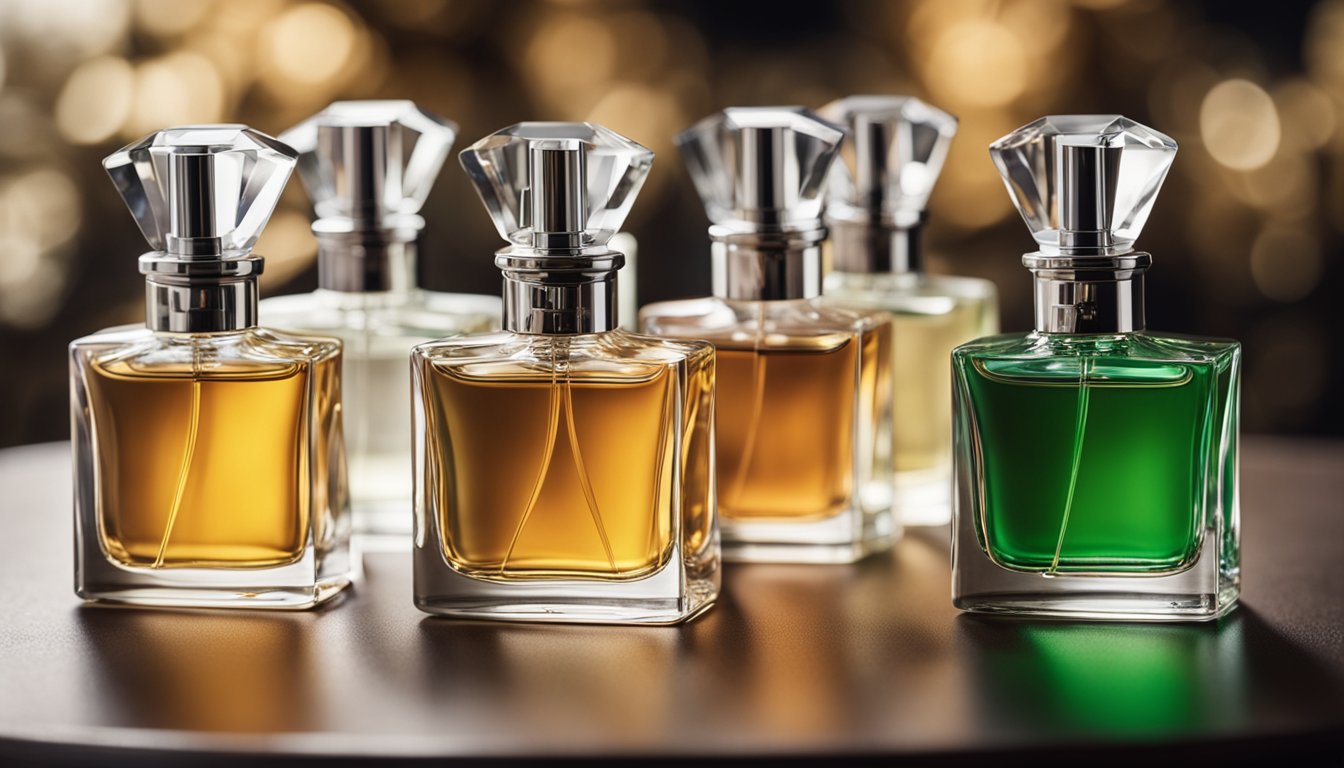 A table with 7 perfume bottles arranged in a row, each labeled with a different fragrance name. A sign above reads "Frequently Asked Questions: The 7 best transitional fragrances for Irish spring."