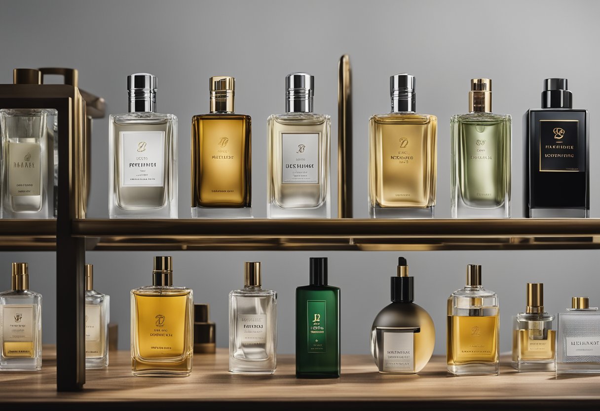 A table displays top 10 male perfume brands in Ireland. Each bottle is elegantly designed with distinct labels and varying sizes