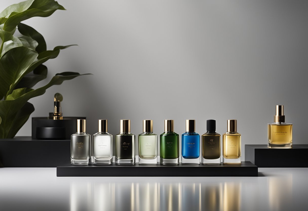 A display of top 10 male perfume brands in Ireland, with elegant bottles arranged on a sleek, minimalist shelf. The backdrop is a clean, modern setting with soft lighting to highlight the fragrances