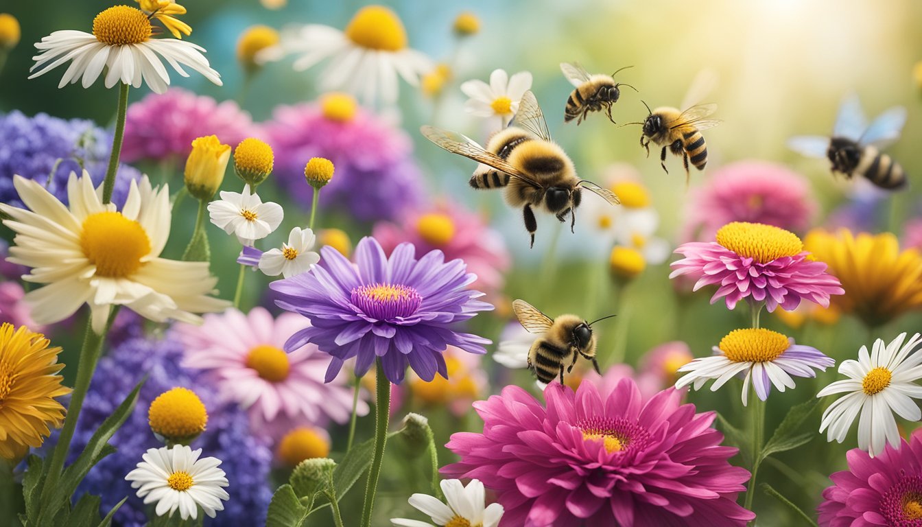 A colorful array of flowers emitting enticing scents, surrounded by buzzing bees and fluttering butterflies