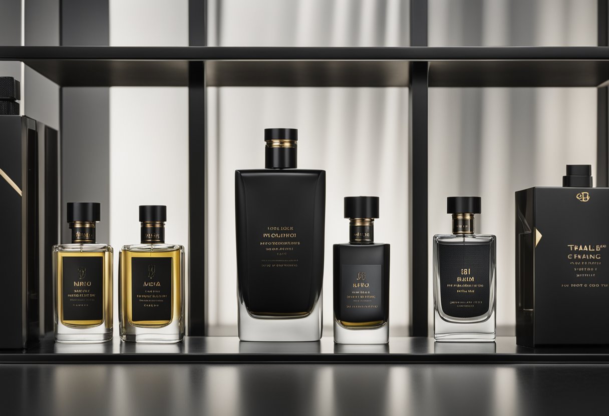 A sleek display of top 10 male perfume brands in Ireland, with bold, masculine packaging and sophisticated bottle designs
