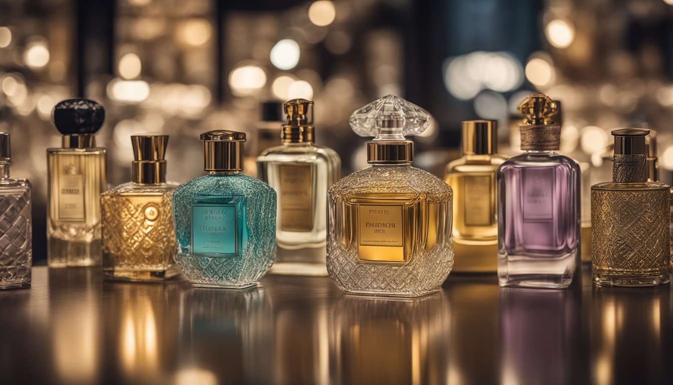 A table displays various perfume bottles with intricate designs and labels. A soft glow illuminates the display, creating an alluring ambiance