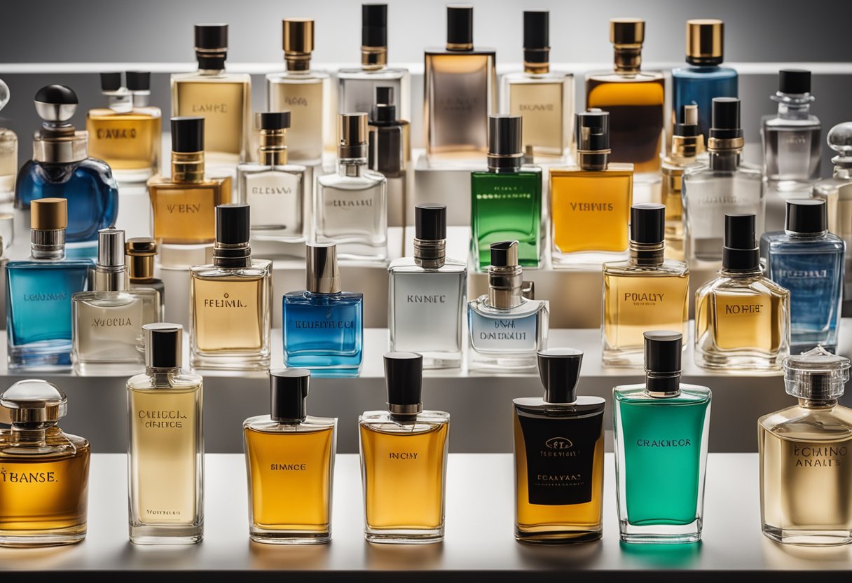 A table with 10 popular perfume bottles labeled with top male brands in Ireland