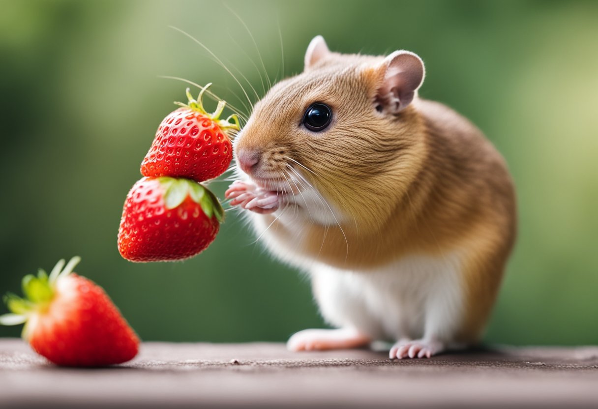 A gerbil nibbles on a juicy strawberry, its tiny paws holding the fruit as it takes small bites