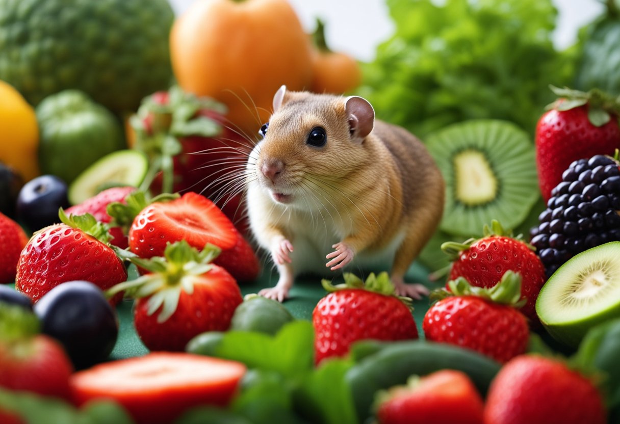 A gerbil nibbles on a fresh strawberry, surrounded by a variety of other fruits and vegetables